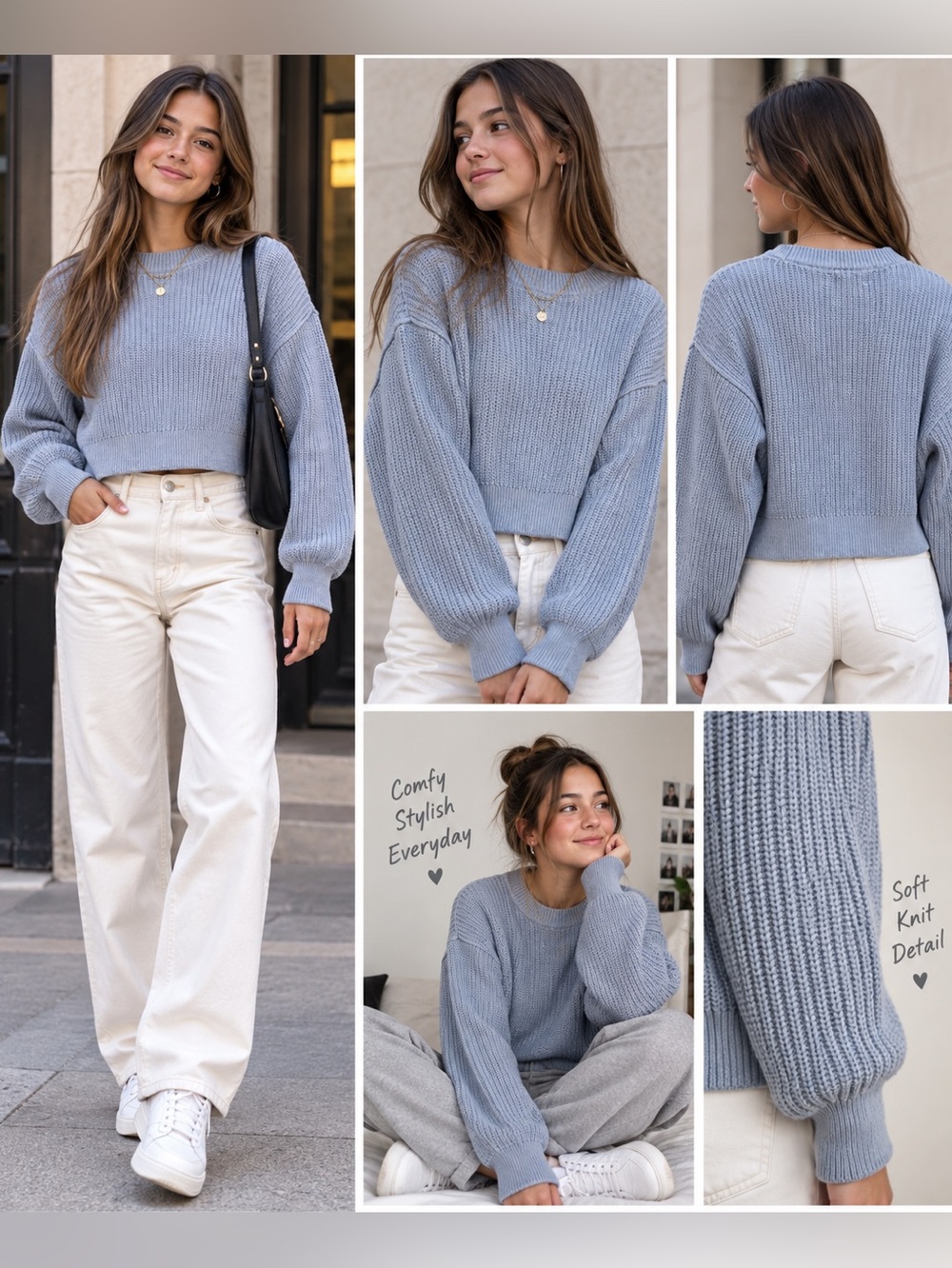Aeropostale Light Blue / Gray crew neck Sweater Long Sleeves Cropped womens XS